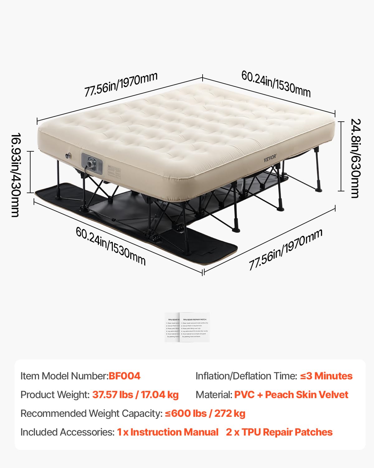 VEVOR Queen Air Mattress with Frame & Built-in Pump – 272kg Load, Ideal for Camping, Travel & Guest Use (197x153x63cm)