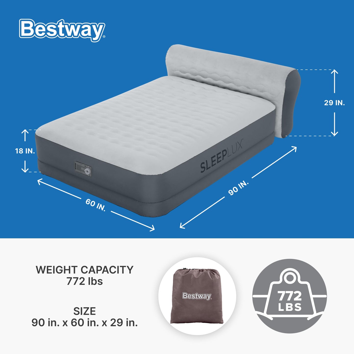 SleepLux Queen Air Mattress with Headboard, Built-in Pump, USB Charger & Soft Top – Durable Inflatable Guest Bed