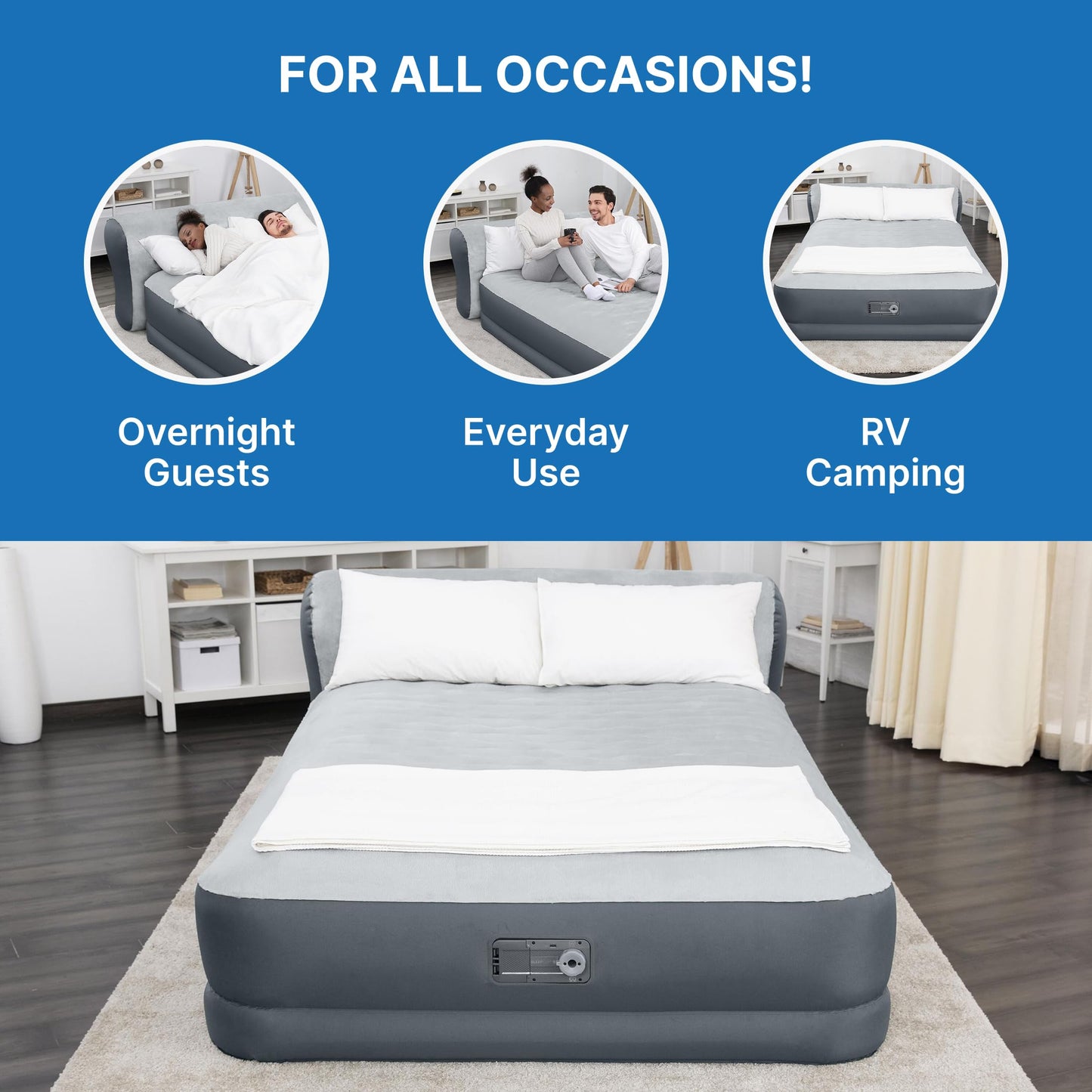 SleepLux Queen Air Mattress with Headboard, Built-in Pump, USB Charger & Soft Top – Durable Inflatable Guest Bed