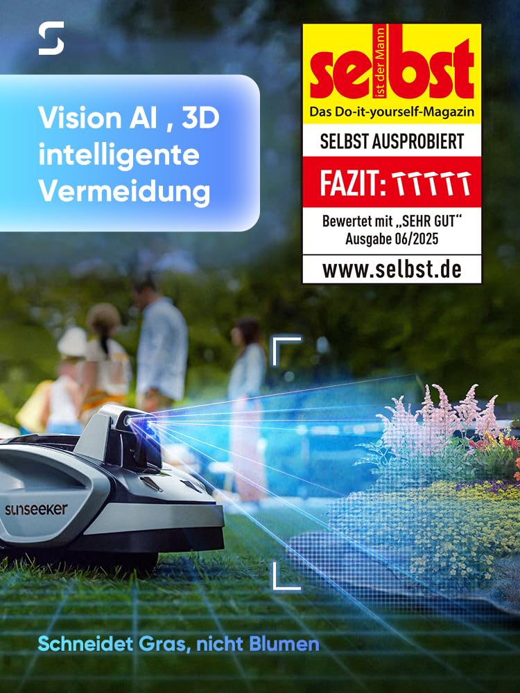 Sunseeker V3 Plus Mähroboter ohne Begrenzungskabel 1000 m², Vision AI Doppel-Auge, 42% Steigung, App-Steuerung, Rasenmäher mit EIN-klick-Mähen, silbergrau