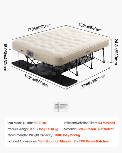 VEVOR Queen Air Mattress with Frame & Built-in Pump – 272kg Load, Ideal for Camping, Travel & Guest Use (197x153x63cm)