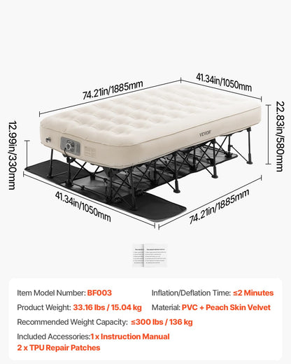 VEVOR Single Air Mattress with Frame & Built-in Pump – 188.5x105x58cm Inflatable Bed, Ideal for Guests, Travel, Camping