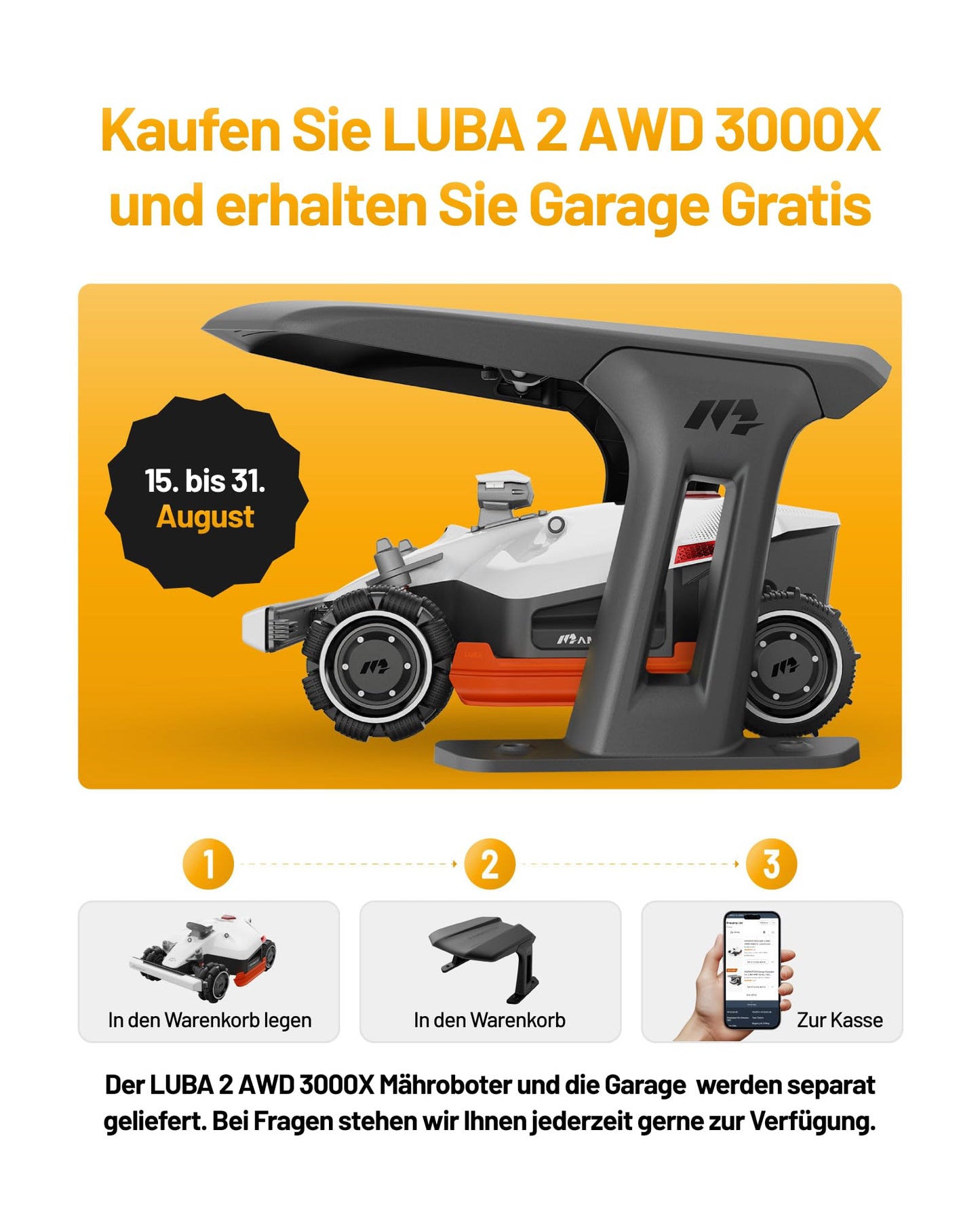 MAMMOTION LUBA 2 AWD 3000X Mähroboter ohne Begrenzungskabel, NetRTK+Vision, Keine RTK-Antenne erforderlich, Auto-Kartierung, Empf. 3000m², Max. 3600m², mit 4G-Modul, 80% Steigung