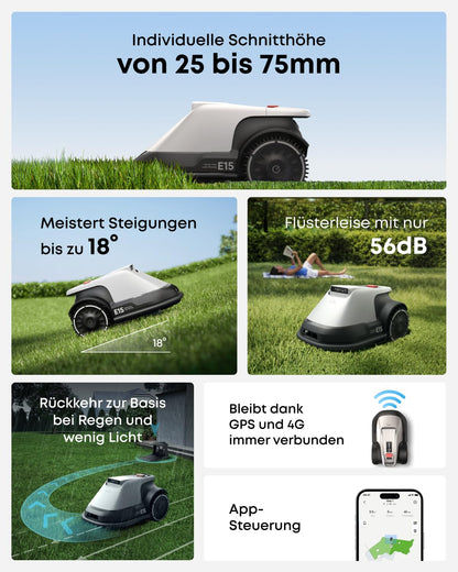 eufy E15 Mähroboter ohne Begrenzungskabel, Keine Signalausfälle, Kein RTK, TrueVision Technologie, Smart-Navigation, Garten bis 800m², Präzisionsrandschnitt, Hindernisvermeidung, App-Steuerung