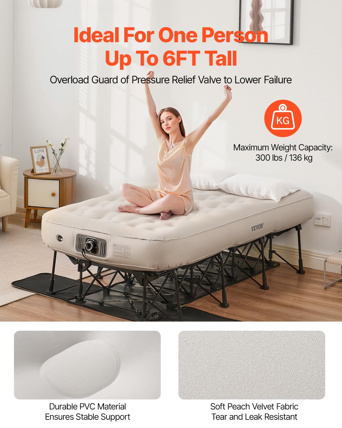 VEVOR Single Air Mattress with Frame & Built-in Pump – 188.5x105x58cm Inflatable Bed, Ideal for Guests, Travel, Camping