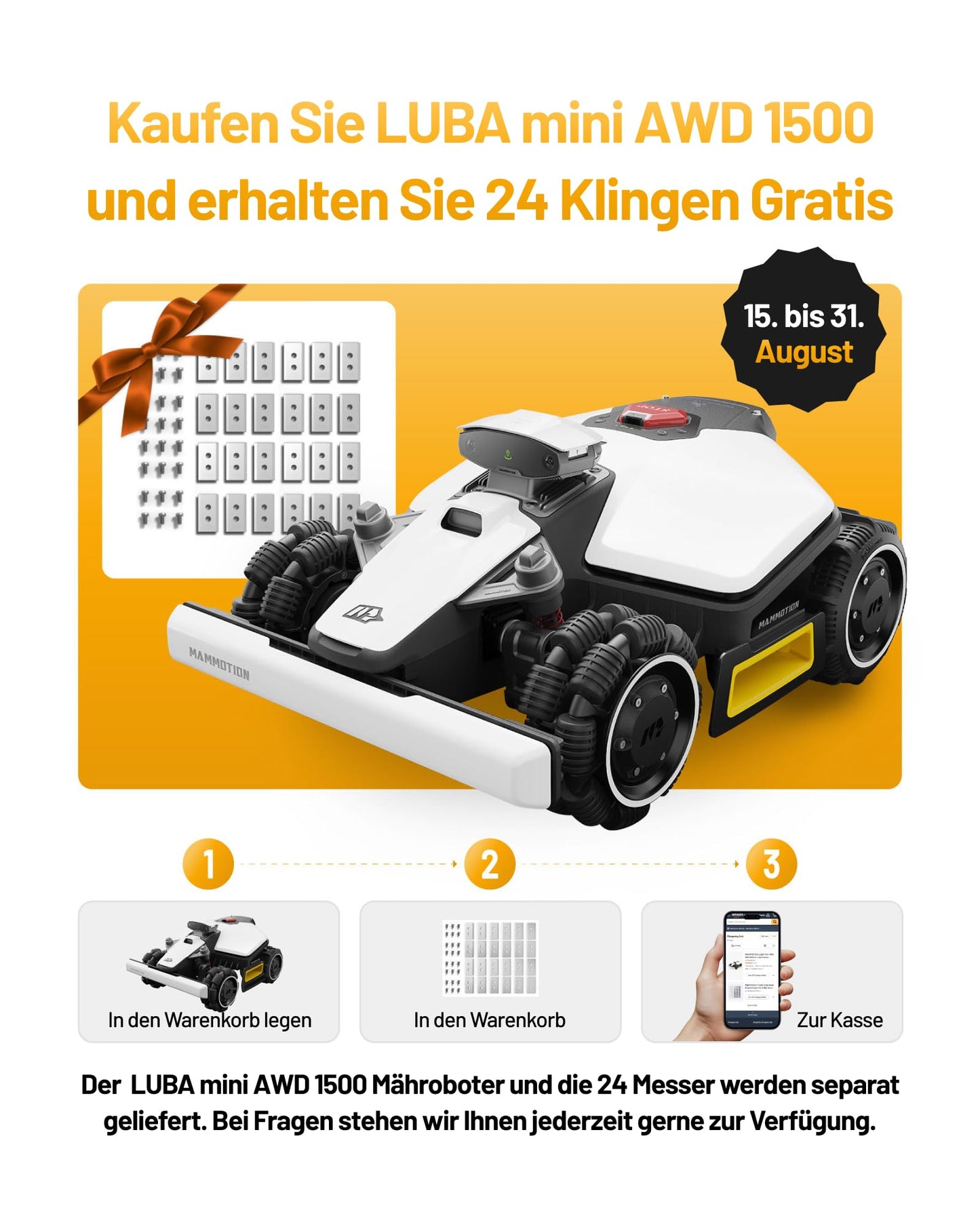 MAMMOTION LUBA mini AWD 1500 Mähroboter ohne Begrenzungskabel, NetRTK+Vision, Keine RTK-Antenne erforderlich, Auto-Kartierung, Empf. 1500m², Max. 1800m², mit 4G-Modul, 80% Steigung