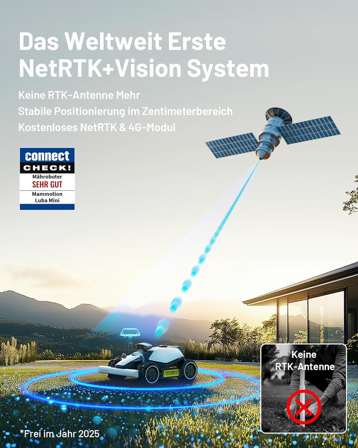 MAMMOTION LUBA mini AWD 1500 Mähroboter ohne Begrenzungskabel, NetRTK+Vision, Keine RTK-Antenne erforderlich, Auto-Kartierung, Empf. 1500m², Max. 1800m², mit 4G-Modul, 80% Steigung