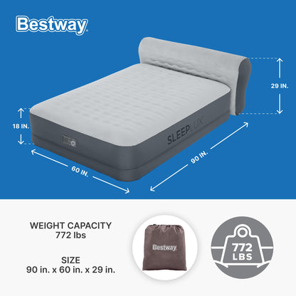 SleepLux Queen Air Mattress with Headboard, Built-in Pump, USB Charger & Soft Top – Durable Inflatable Guest Bed