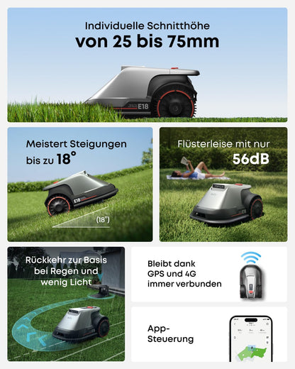 eufy E18 Mähroboter ohne Begrenzungskabel, Keine Signalausfälle, Kein RTK, TrueVision Technologie, GNSS System, Garten bis 1200m², Präzisionsrandschnitt, Hindernisvermeidung, App-Steuerung