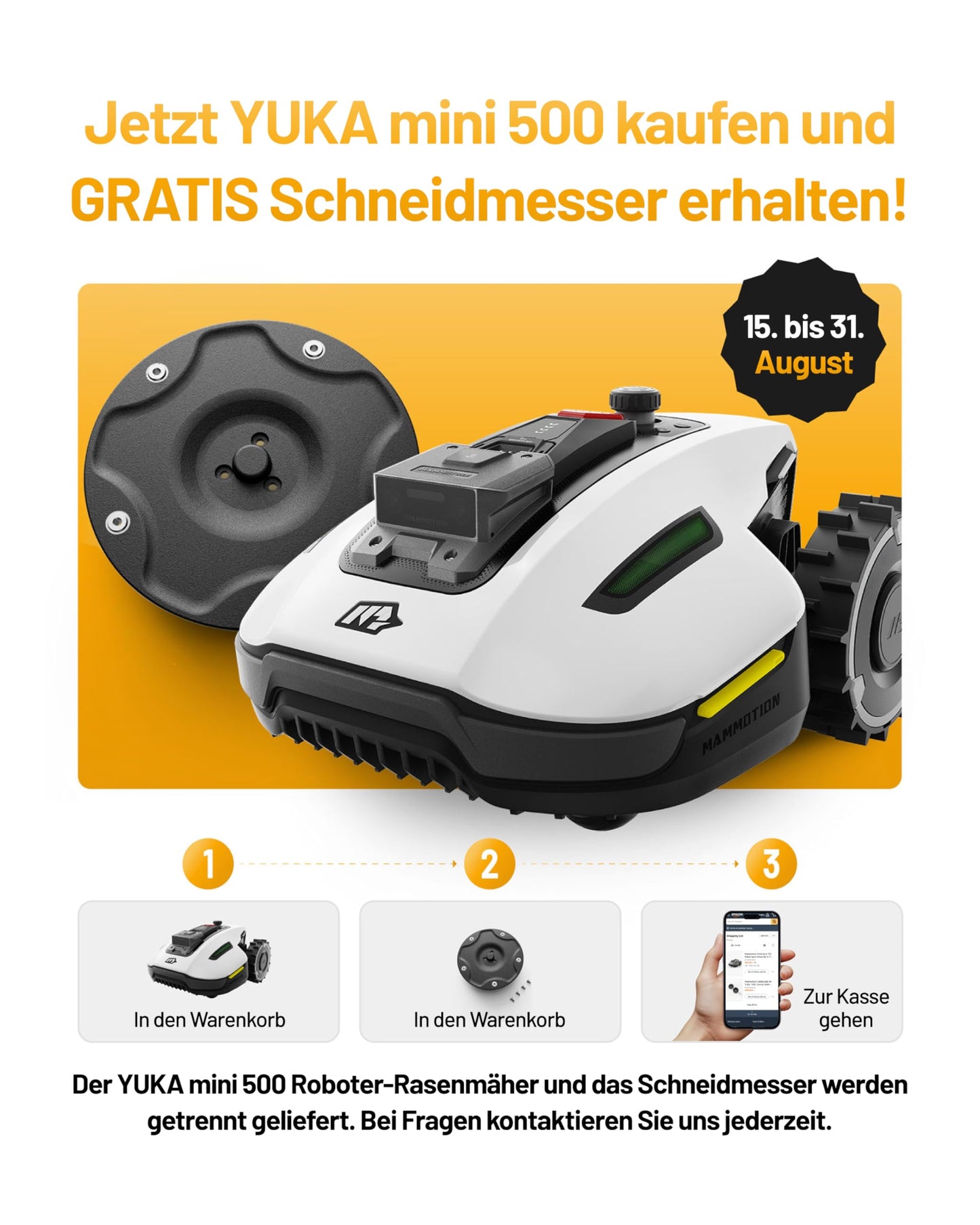 MAMMOTION YUKA Mini 500 Mähroboter ohne Begrenzungskabel,Empf. 500 m², NetRTK+Vision Rasenmäher Roboter, KI Smarte Hindernisvermeidung Rasenroboter, 50% Steigung (YUKA mini 500&Trennscheibe)