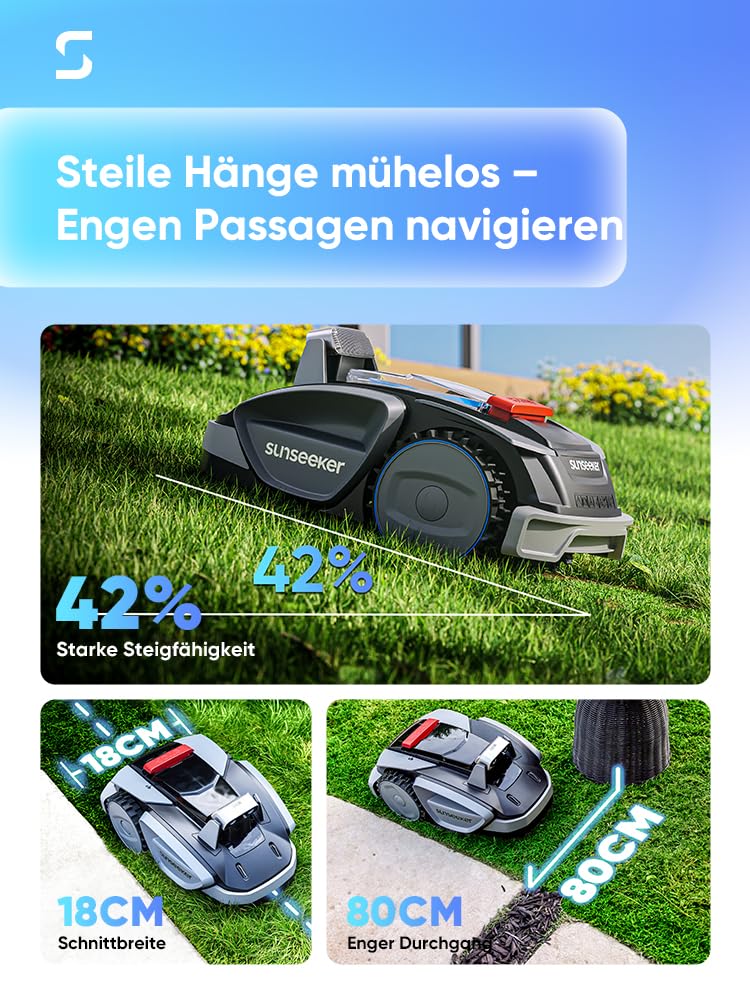 Sunseeker V3 Plus Mähroboter ohne Begrenzungskabel 1000 m², Vision AI Doppel-Auge, 42% Steigung, App-Steuerung, Rasenmäher mit EIN-klick-Mähen, silbergrau