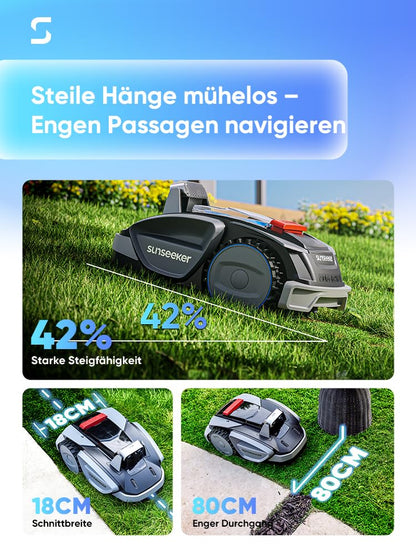 Sunseeker V3 Plus Mähroboter ohne Begrenzungskabel 1000 m², Vision AI Doppel-Auge, 42% Steigung, App-Steuerung, Rasenmäher mit EIN-klick-Mähen, silbergrau