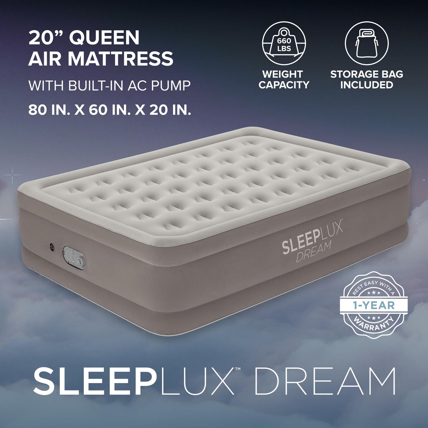 SLEEPLUX Dream AlwayzAire Queen Air Mattress with Built-in Pump – 50.8 cm Raised Bed for Home & Guests