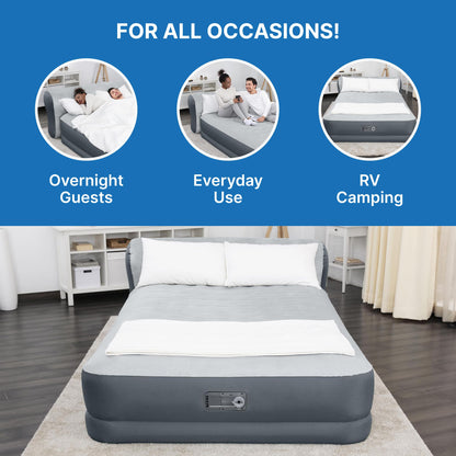 SleepLux Queen Air Mattress with Headboard, Built-in Pump, USB Charger & Soft Top – Durable Inflatable Guest Bed