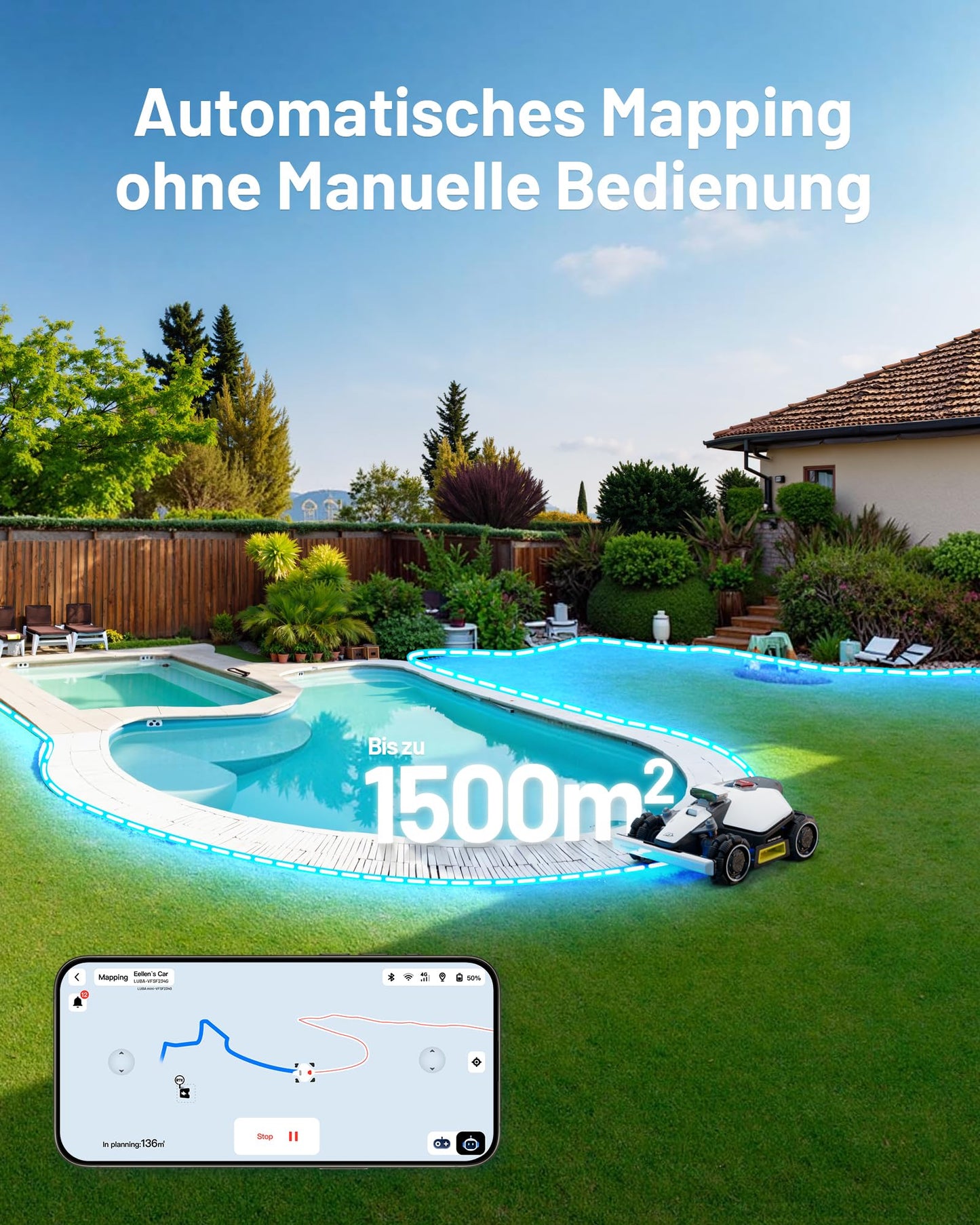 MAMMOTION LUBA mini AWD 1500 Mähroboter ohne Begrenzungskabel, NetRTK+Vision, Keine RTK-Antenne erforderlich, Auto-Kartierung, Empf. 1500m², Max. 1800m², mit 4G-Modul, 80% Steigung
