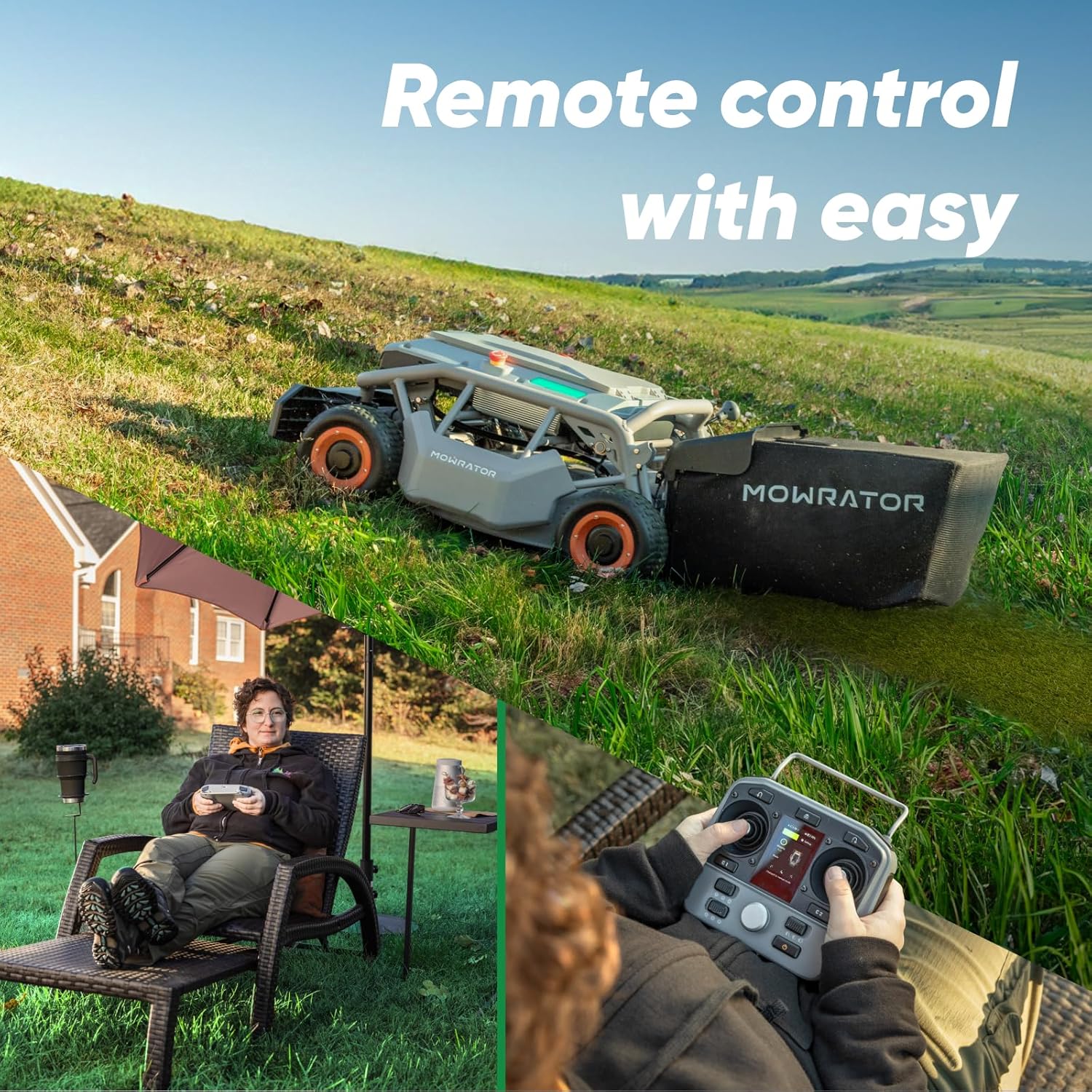 Mowrator Fernbedienung Rasenmäher S1 4WD 56V12Ah, Multifunktions RC Rasenmäher mit 3,8-10,9 cm Schnitthöhe 53,3 cm Schnittbreite für 75% Steigung (37°) zum Mähen von 0,75 Acres