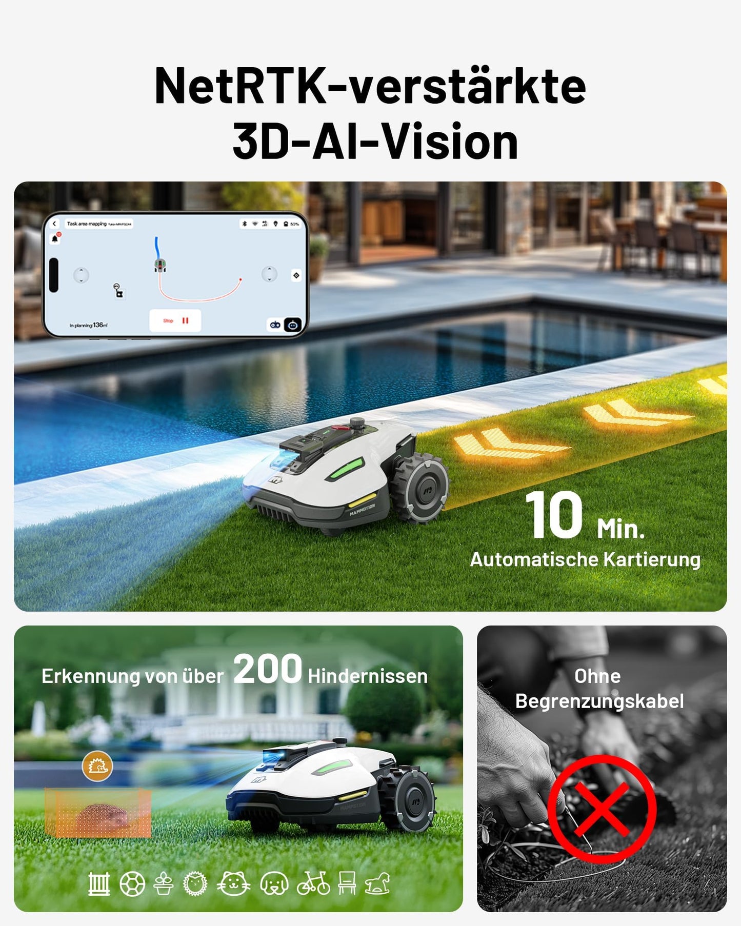 MAMMOTION YUKA Mini 500 Mähroboter ohne Begrenzungskabel,Empf. 500 m², NetRTK+Vision Rasenmäher Roboter, KI Smarte Hindernisvermeidung Rasenroboter, 50% Steigung (YUKA mini 500&Trennscheibe)