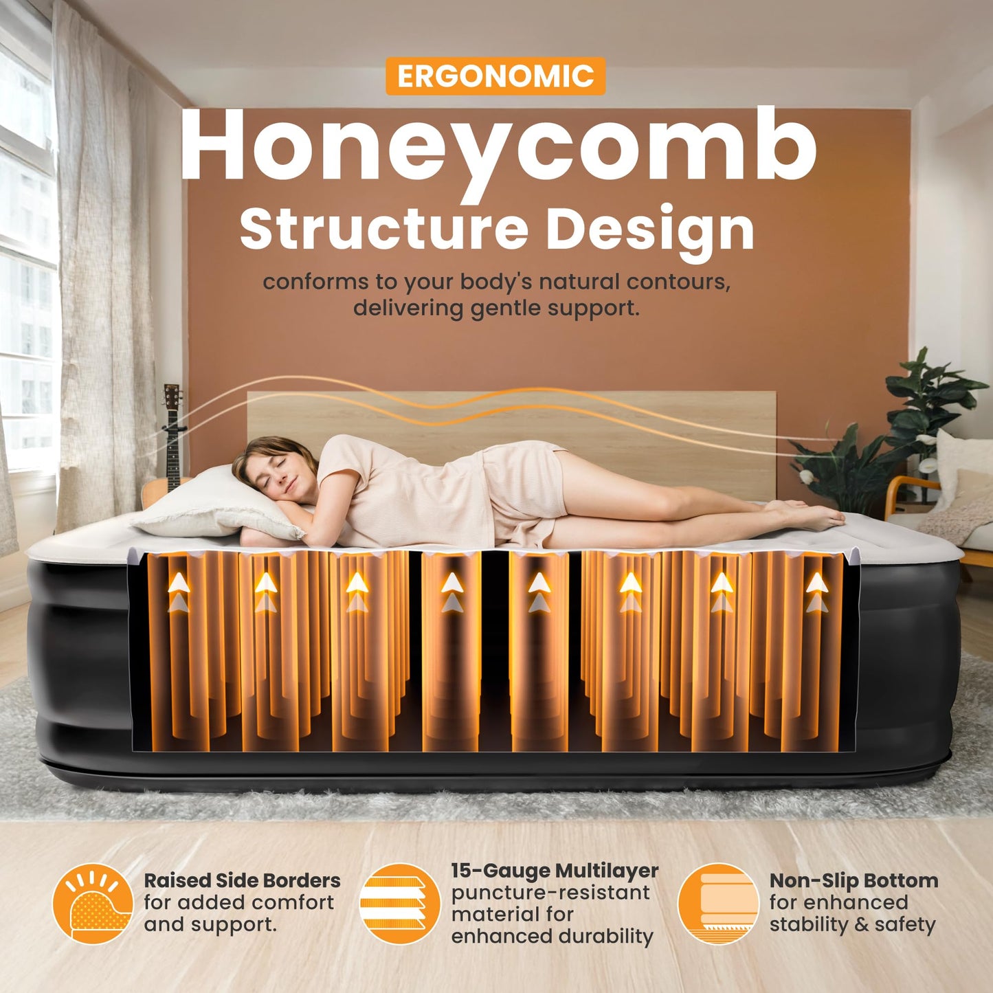 Dr. air Queen Air Mattress, 18" Raised Inflatable Bed with Built-in Pump, Waterproof Top, Ergonomic Design & Carry Bag