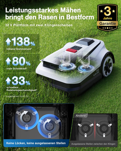 ECOVACS Goat A1600 RTK Mähroboter ohne Begrenzungskabel, 1600m², 330 mm Schnittbreite, LiDAR-unterstützte RTK+Vision Navigation, Rasenmäher Roboter, 100W Schnittleistung, 50% Steigungen