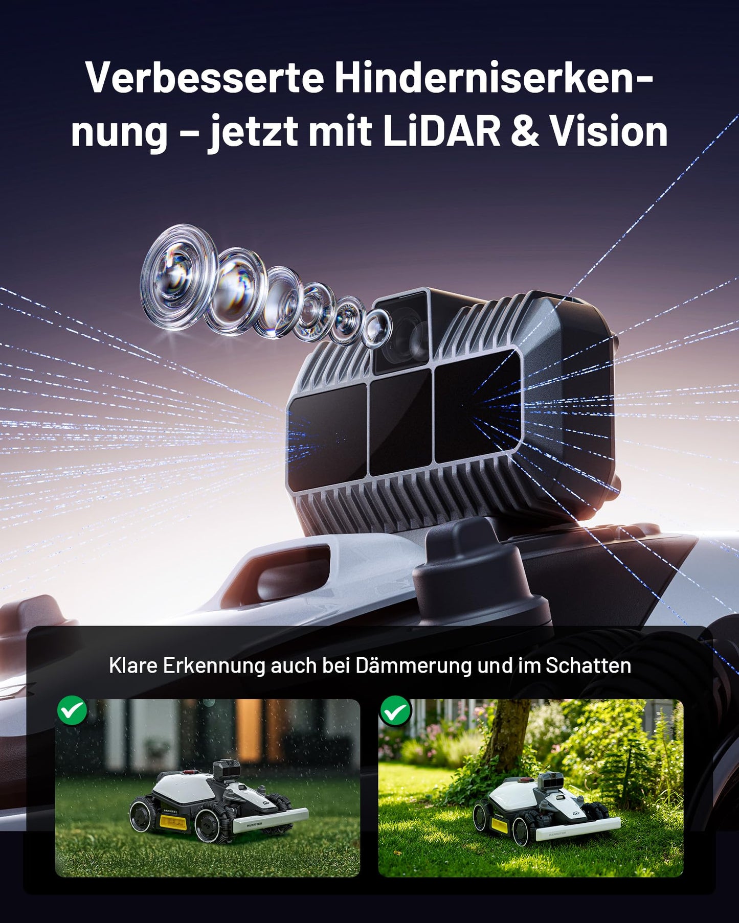 MAMMOTION LUBA mini AWD LiDAR Mähroboter ohne Begrenzungskabel Mit 3D LiDAR + Vision, Ohne RTK-Antenne, Automatische Kartierung, empf. für 1.500 m², 4G-Modul, bis zu 80 % Steigung