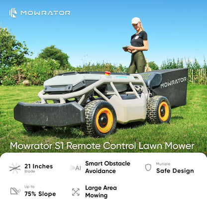 Mowrator Fernbedienung Rasenmäher S1 4WD 56V12Ah, Multifunktions RC Rasenmäher mit 3,8-10,9 cm Schnitthöhe 53,3 cm Schnittbreite für 75% Steigung (37°) zum Mähen von 0,75 Acres