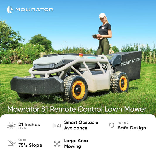 Mowrator Fernbedienung Rasenmäher S1 4WD 56V12Ah, Multifunktions RC Rasenmäher mit 3,8-10,9 cm Schnitthöhe 53,3 cm Schnittbreite für 75% Steigung (37°) zum Mähen von 0,75 Acres