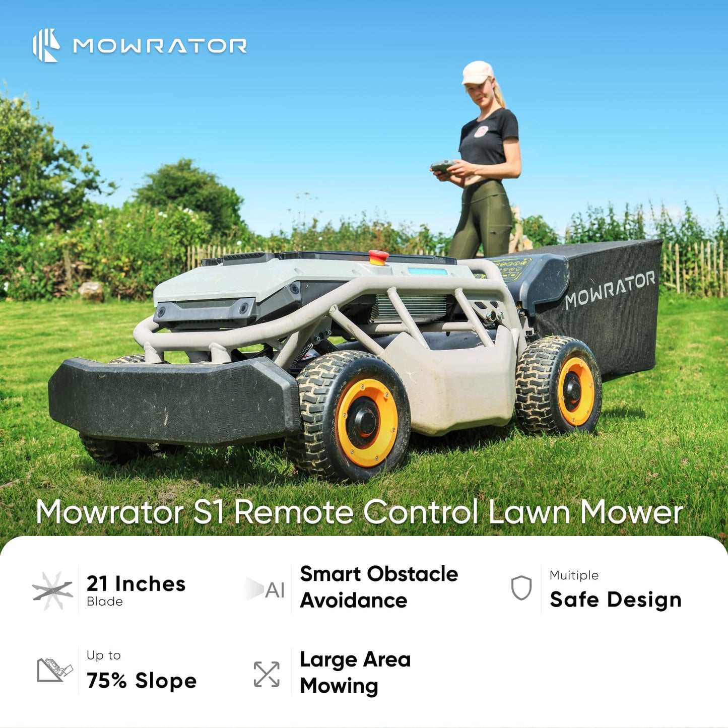 Mowrator S1 4WD Ferngesteuerter Rasenmäher 56V 18Ah – Multifunktionaler RC-Rasenmäher mit echter 21" Klinge, 3,8–11 cm Schnitthöhe, geeignet für 75 % Steigung (37°), Mähfläche bis 4500m²