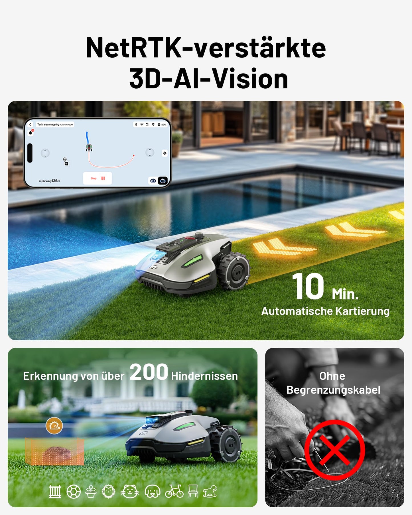 MAMMOTION YUKA Mini 700 Mähroboter mit Garagen-Kombination, NetRTK+Vision, Keine RTK-Antenne erforderlich, Auto-Kartierung, Empf. 700m², Max. 1100m², mit 4G-Modul, 50% Steigung(YUKA mini 700+Garage)