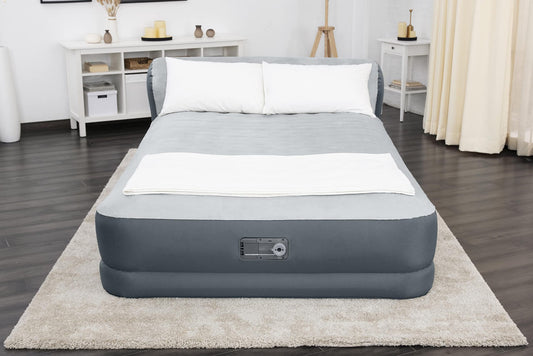 SleepLux Queen Air Mattress with Headboard, Built-in Pump, USB Charger & Soft Top – Durable Inflatable Guest Bed
