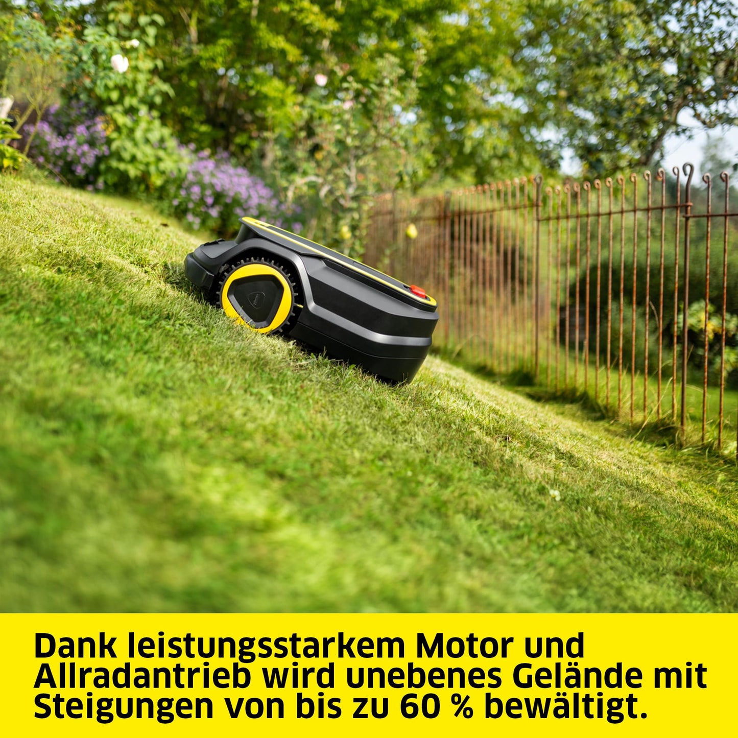 Kärcher Mähroboter RCX 4, ohne Begrenzungskabel, Flächenleistung: 1.500 m², Paralleles Bahnenfahren, bis zu 60% Steigung, rasenschonende Traktion, Allrad-Antrieb, Igelerkennung, GPS + RTK + Kamera