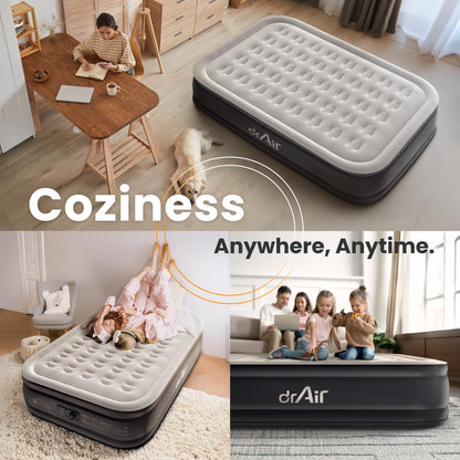 Dr. air Queen Air Mattress, 18" Raised Inflatable Bed with Built-in Pump, Waterproof Top, Ergonomic Design & Carry Bag