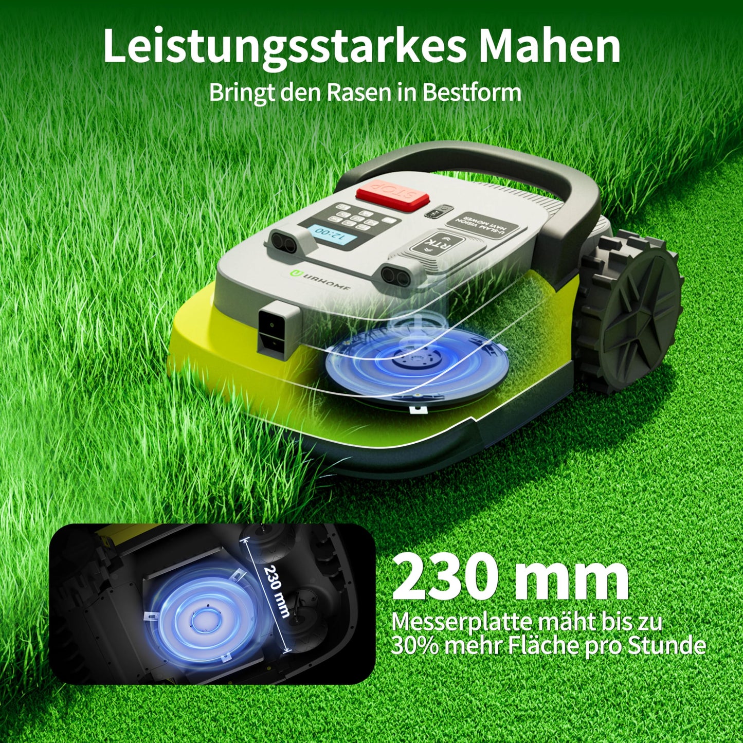 UBHOME M10 Rasenmäher Roboter, Mähroboter ohne Begrenzungskabel für Rasenflächen bis 1000m², Vision+RTK Fusion-Mapping ,Smart-Navigation, Hindernisvermeidung, App-Steuerung