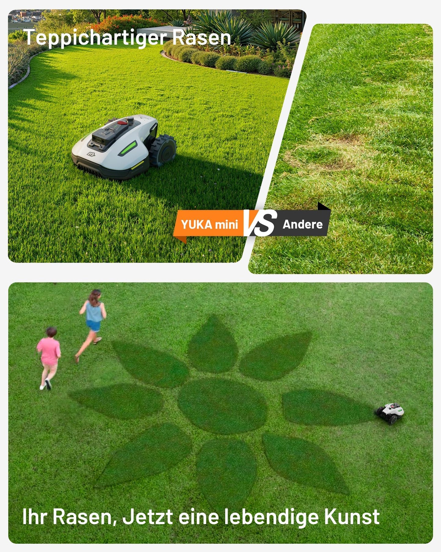 MAMMOTION YUKA Mini 500 Mähroboter ohne Begrenzungskabel,Empf. 500 m², NetRTK+Vision Rasenmäher Roboter, KI Smarte Hindernisvermeidung Rasenroboter, 50% Steigung (YUKA mini 500&Trennscheibe)