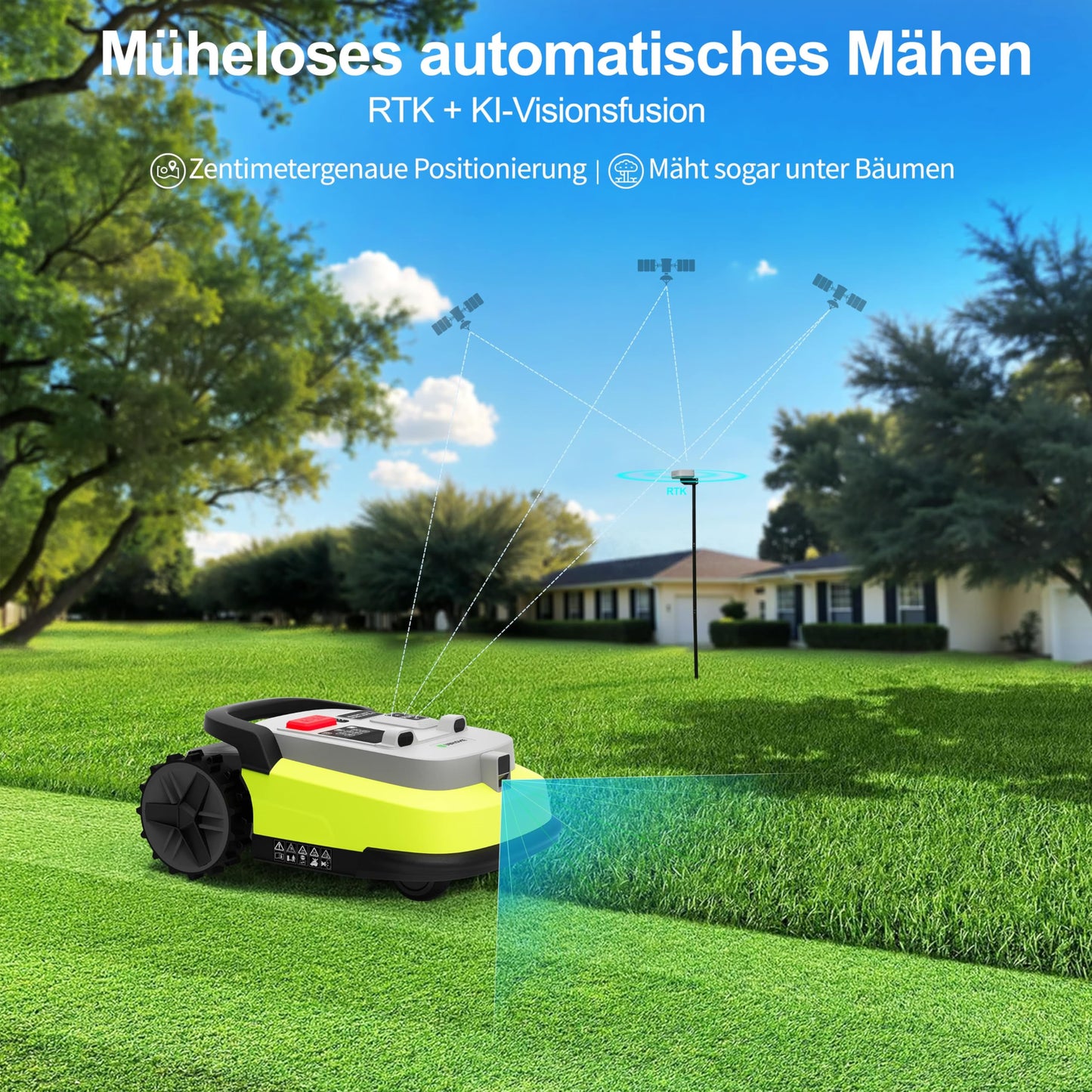 UBHOME M10 Mähroboter ohne Begrenzungskabel, Vision+RTK Fusion-Mapping,Smart-Navigation, Garten bis 1000m², Hindernisvermeidung, App-Steuerung,55% Steigung