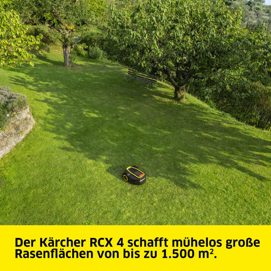 Kärcher Mähroboter RCX 4, ohne Begrenzungskabel, Flächenleistung: 1.500 m², Paralleles Bahnenfahren, bis zu 60% Steigung, rasenschonende Traktion, Allrad-Antrieb, Igelerkennung, GPS + RTK + Kamera