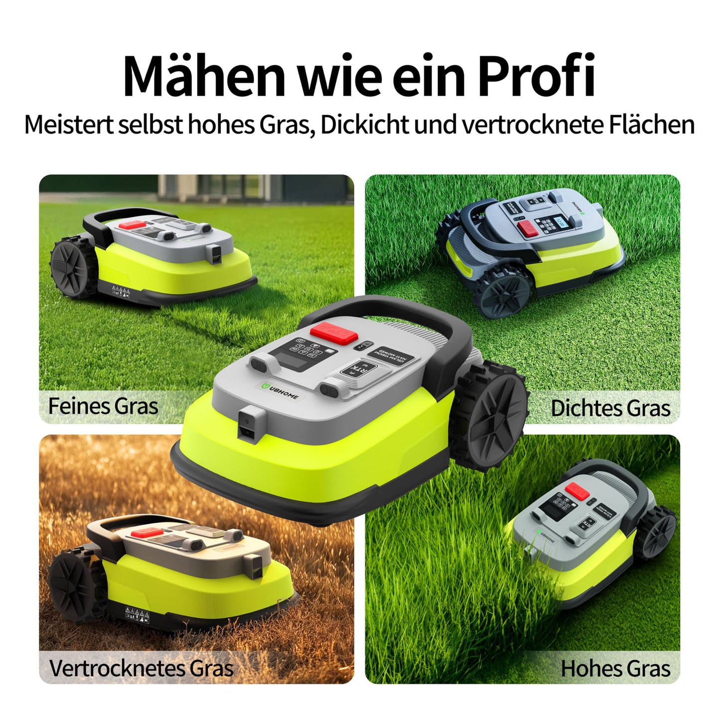 UBHOME M10 Rasenmäher Roboter, Mähroboter ohne Begrenzungskabel für Rasenflächen bis 1000m², Vision+RTK Fusion-Mapping ,Smart-Navigation, Hindernisvermeidung, App-Steuerung